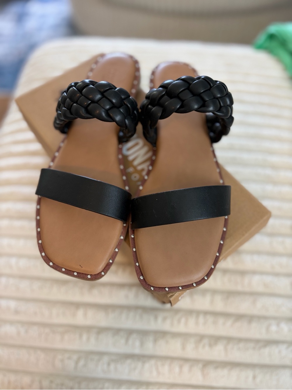 Woven Black Double-Strap Women’s Slide Sandals